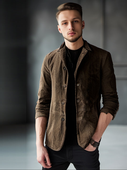 Dual Collar Suede Leather Blazer for Men