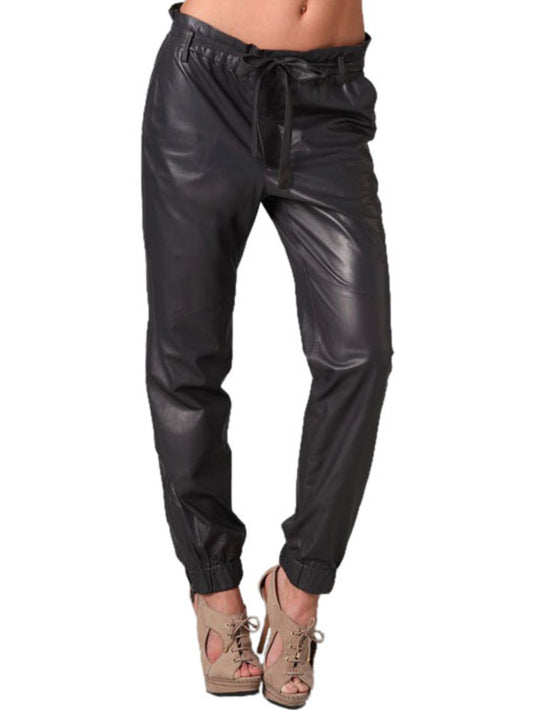 Elastic-Band Comfort Leather Pants