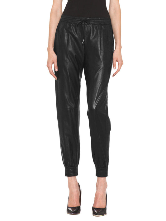 Elastic-Cuff Luxe Leather Pants