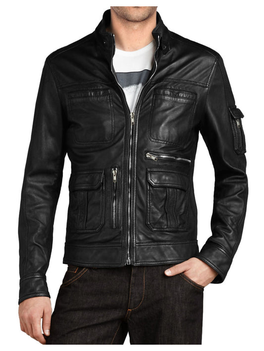 Veste de motard en cuir véritable à quatre poches pour homme