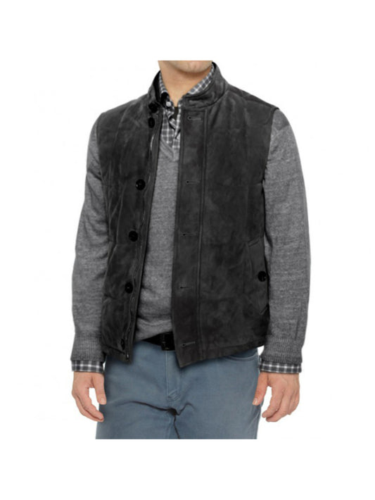 Grey Suede Quilted Stand Collar Genuine Leather Vest for Men