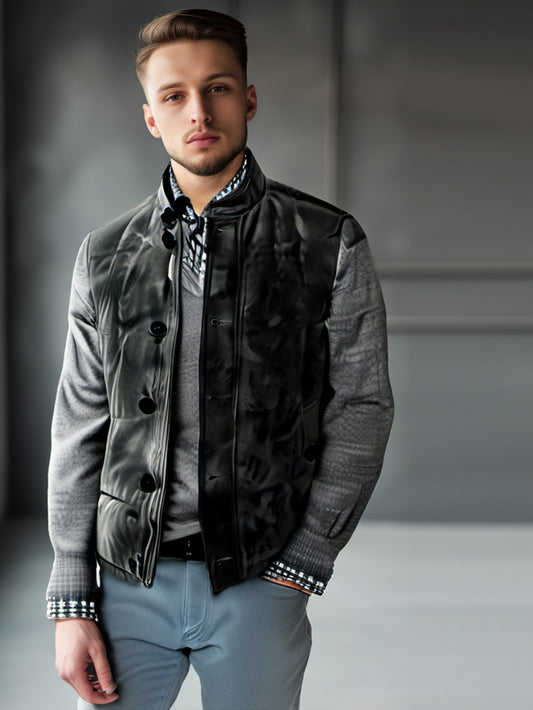 Grey Suede Quilted Stand Collar Genuine Leather Vest for Men