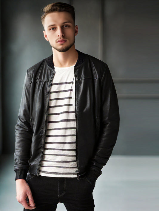 Grooved Collar Trend Leather Jacket