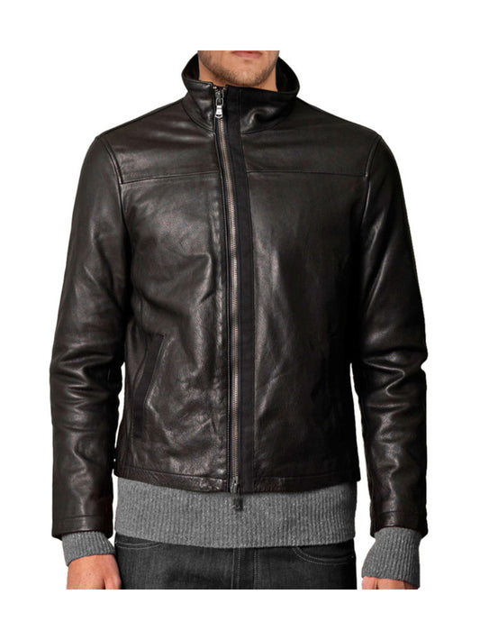 Veste de motard asymétrique en cuir véritable à col haut pour homme