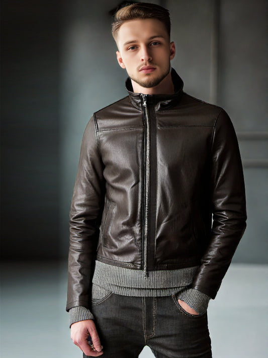 High Collar Asymmetrical Genuine Leather Biker Jacket for Men