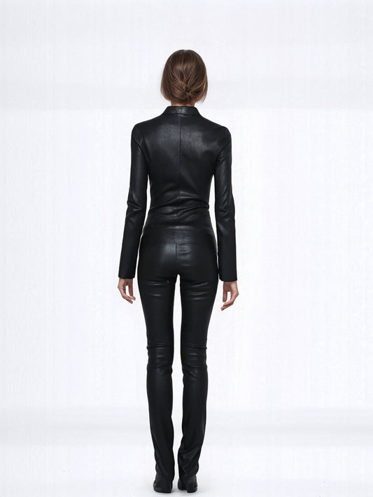 High-Neck Tailored Leather Jumpsuit for Women