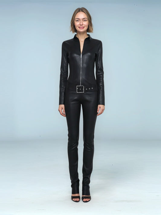 High-Neck Tailored Leather Jumpsuit for Women