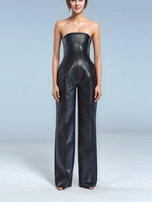 Ivory Luxe Strapless Leather Jumpsuit for Women