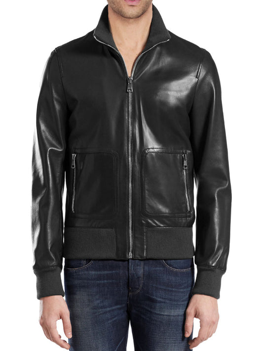 Veste en cuir classique à col tricoté