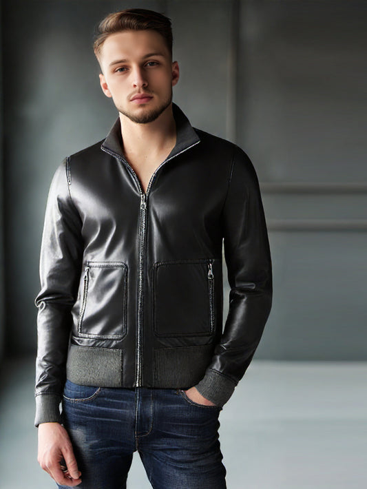 Knit Collar Classic Leather Jacket