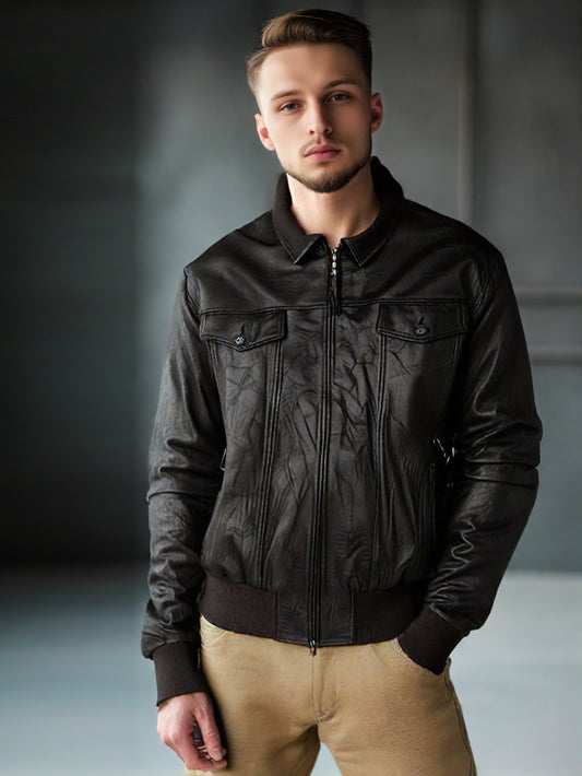 Knitted Cuff Durable Leather Jacket