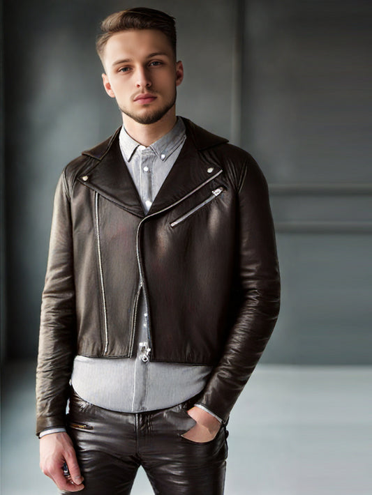 Lambskin Genuine Leather Biker Jacket with Suede Panels for Men