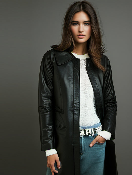 Lambskin Leather Coat with Tabbed Cuffs for Women