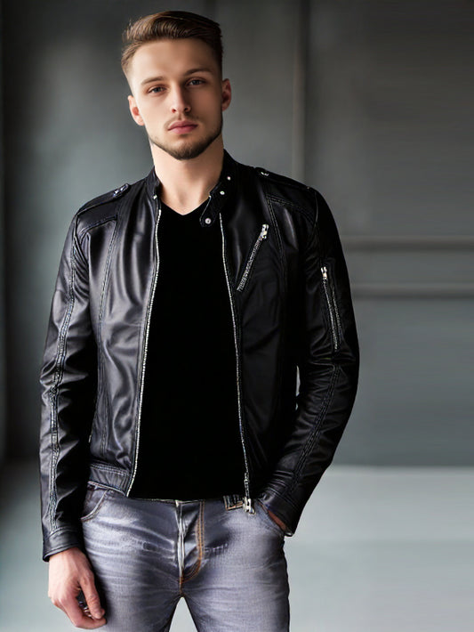 Latch Neck Stylish Leather Jacket