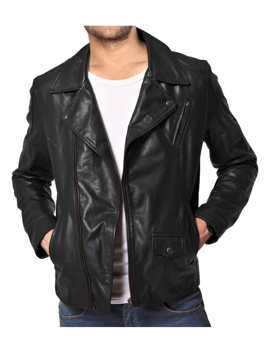Veste en cuir à rabat et fermeture éclair superposés