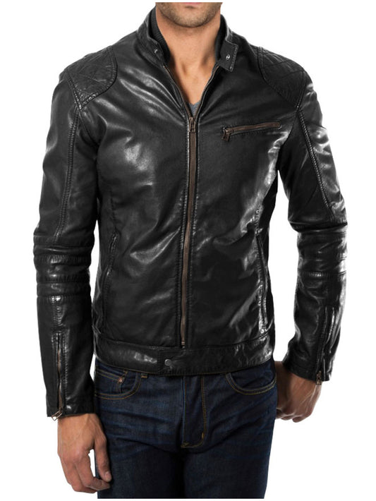 Veste de moto en cuir véritable coupe ajustée pour homme