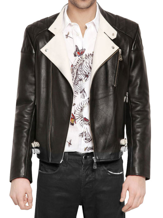 Veste en cuir véritable avec détails contrastés pour homme