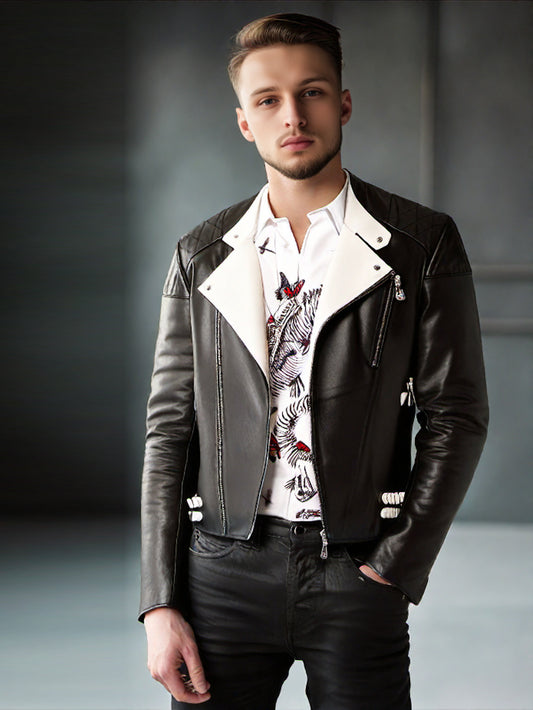 Genuine Leather Jacket with Contrast Accents for Men