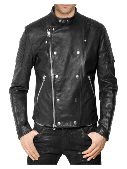 Veste de moto en cuir véritable à col mandarin pour homme