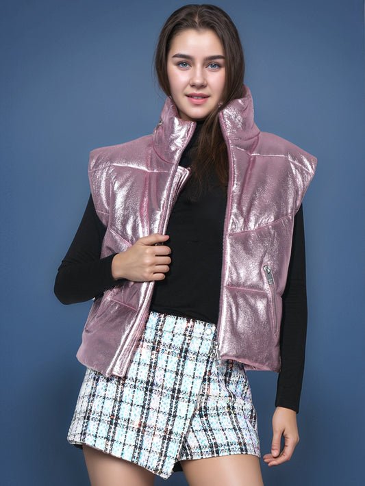 Metallic Radiance Leather Puffer Vest
