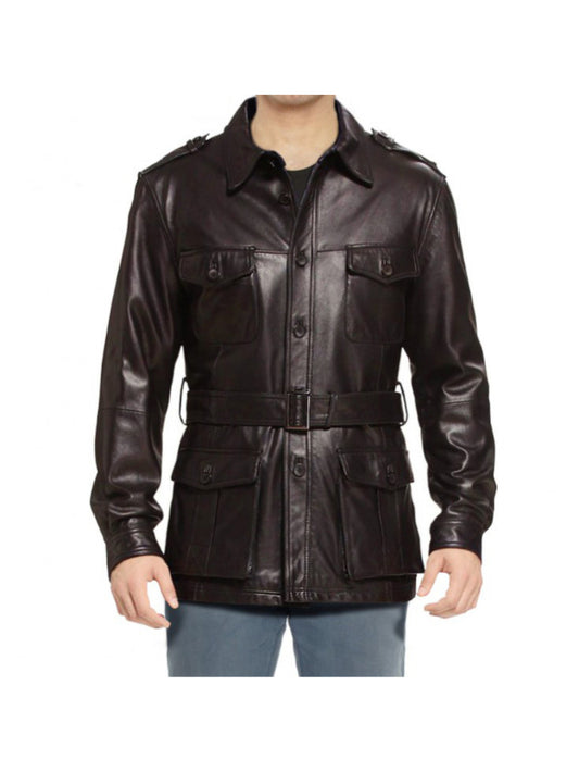 Trench militaire en cuir avec ceinture pour homme