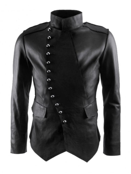 Veste militaire asymétrique en cuir noir