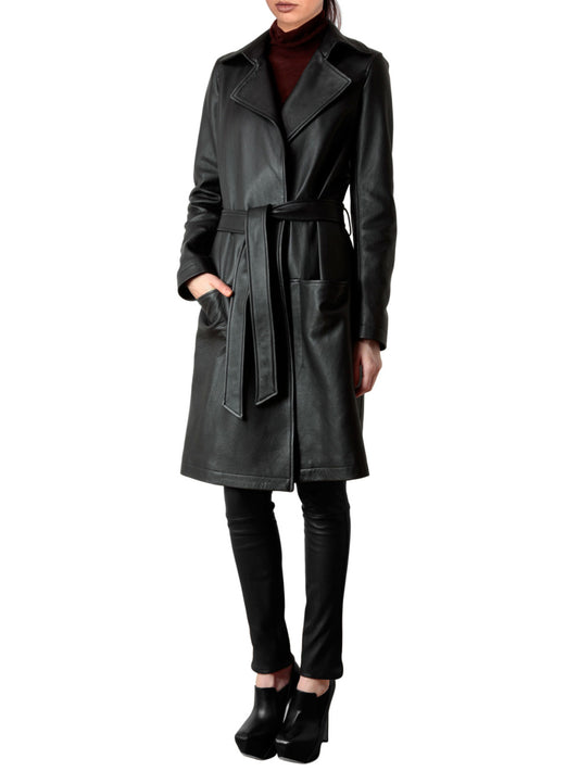 Modish Belted Leather Coat for Women