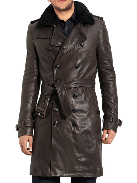 Trench-coat en cuir à ceinture tendance pour homme
