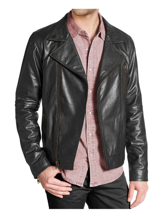 Veste motard en cuir véritable pour homme avec fermetures éclair monochromes