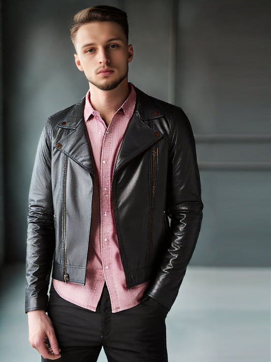 Veste motard en cuir véritable pour homme avec fermetures éclair monochromes