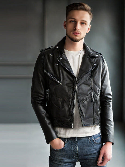 Moto-Inspired Genuine Leather Biker Jacket for Men