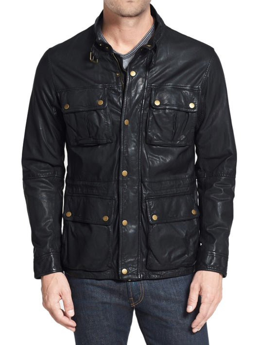 Veste de moto en cuir véritable avec fermeture à rabat à pression pour homme
