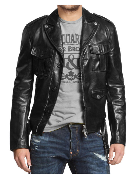 Veste de motard en cuir véritable à poches multiples pour homme