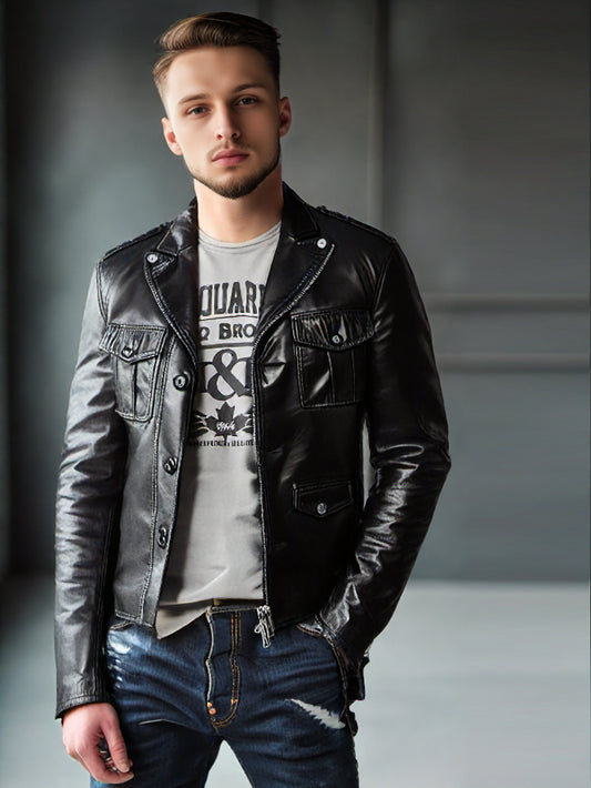 Multiple Pocket Men's Genuine Leather Biker Jacket