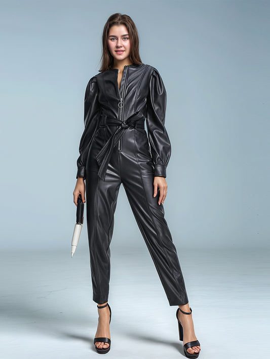Noir Command Leather Belted Jumpsuit for Women