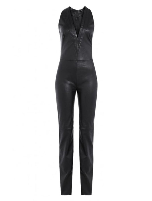 Combinaison plongeante en cuir noir pour femme