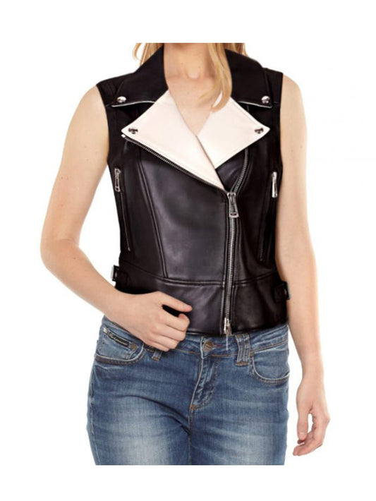 Notch Collar Black Leather Vest for Women