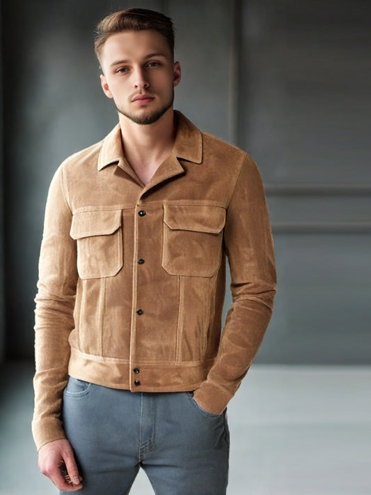 Notch Lapel Suede Leather Casual Jacket