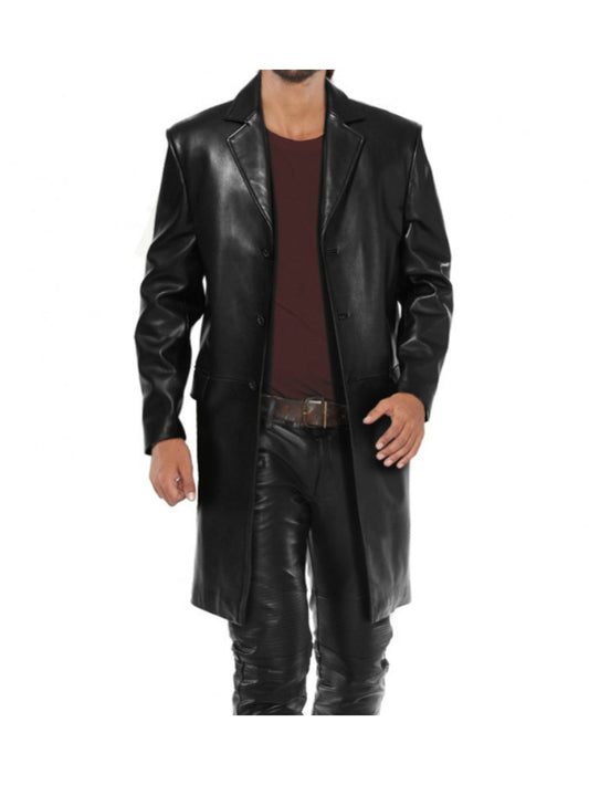 Manteau en cuir à revers crantés et boutons longs pour homme