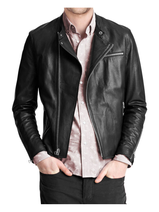 Veste de motard en cuir véritable à fermeture éclair décentrée pour homme