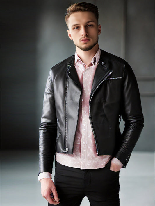 Off-Center Zip Genuine Leather Biker Jacket For Men