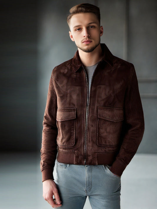 Patch Pocket Suede Brown Leather Bomber for Men
