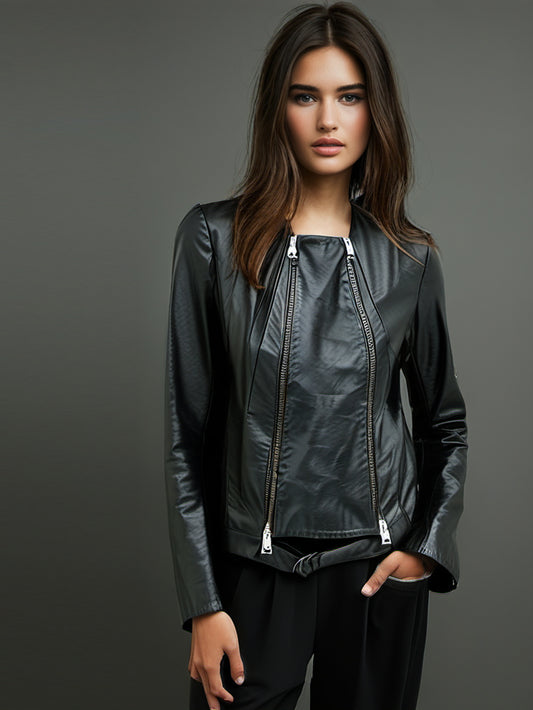 Polished Belted Leather Moto Jacket