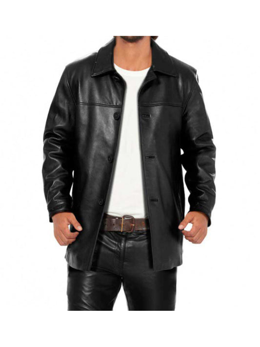 Manteau en cuir noir à col polo pour homme