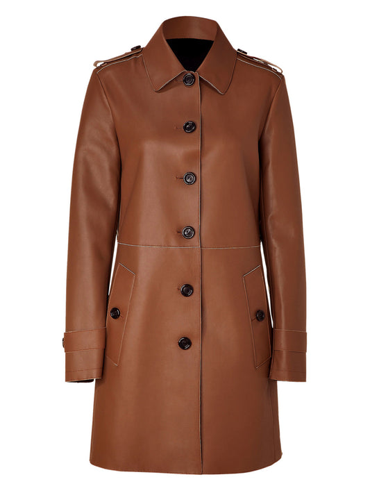 Push-Button Elegance Leather Coat for Women