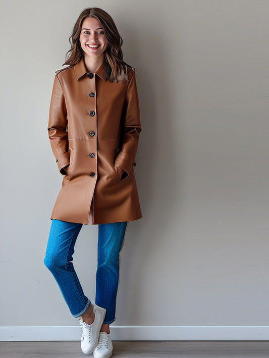 Push-Button Elegance Leather Coat for Women
