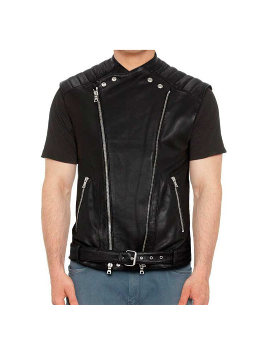 Quilted Black Genuine Leather Moto Vest for Men