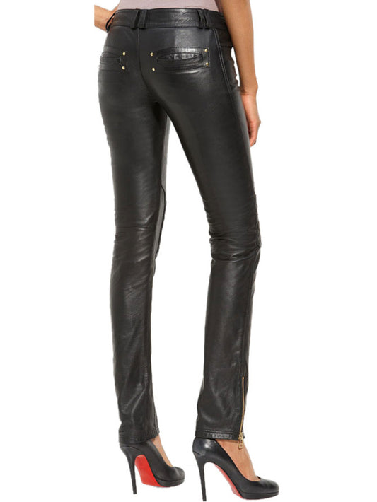 Pantalon en cuir glamour à empiècements matelassés