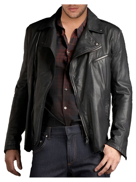 Veste de motard en cuir véritable à ourlet irrégulier pour homme