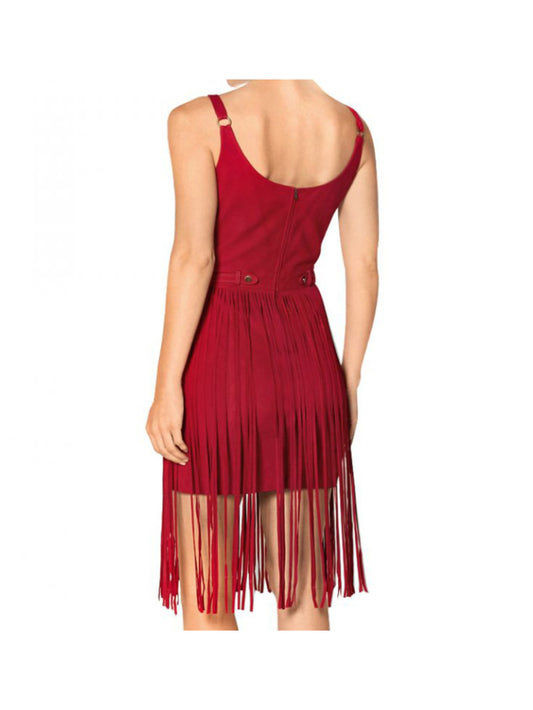 Rotes Wildlederkleid mit Fransen und U-Ausschnitt